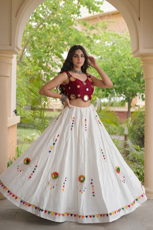 Gorgeous White Cotton Multicolor Embroidered Mirror Work Designer Lehenga Choli for Women