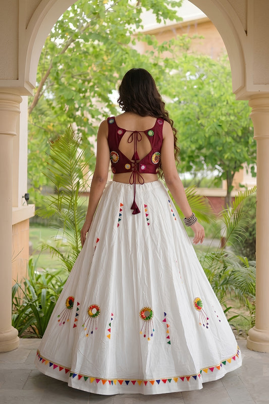 Gorgeous White Cotton Multicolor Embroidered Mirror Work Designer Lehenga Choli for Women