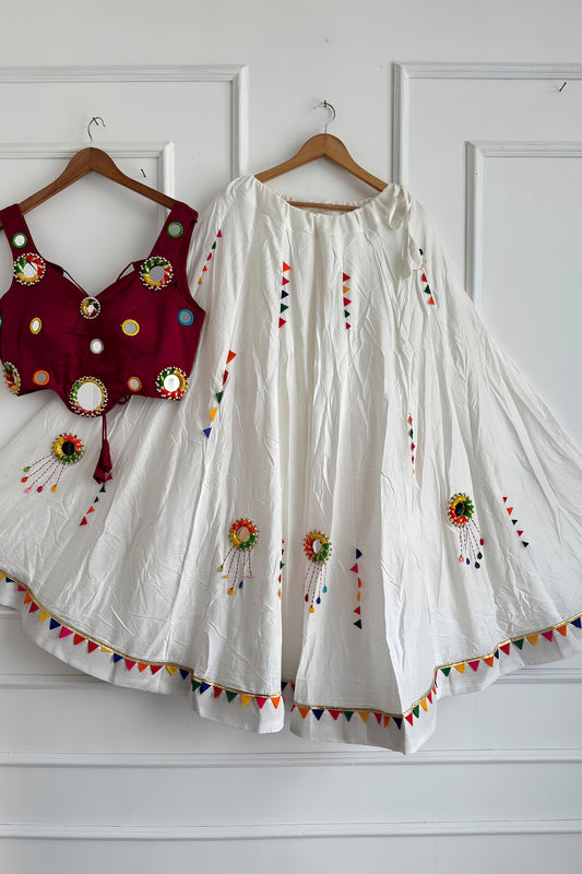Gorgeous White Cotton Multicolor Embroidered Mirror Work Designer Lehenga Choli for Women