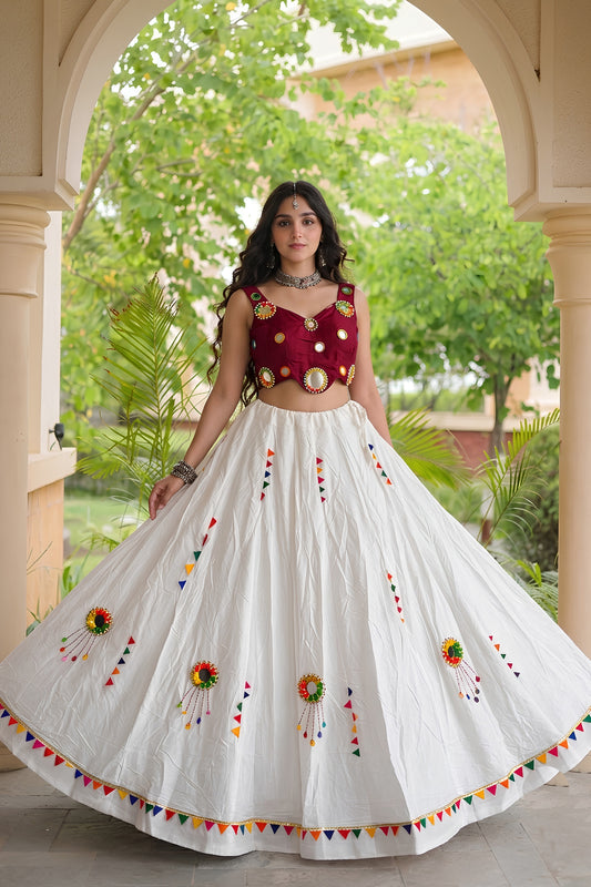 Gorgeous White Cotton Multicolor Embroidered Mirror Work Designer Lehenga Choli for Women