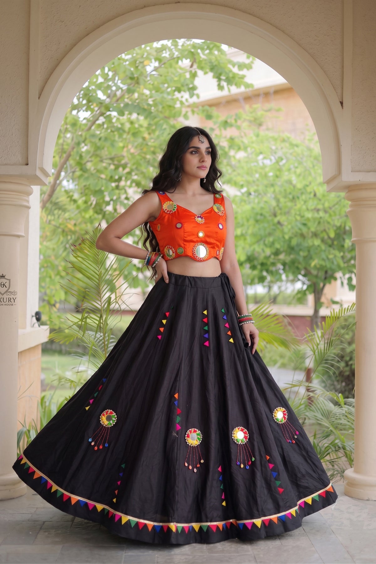 Stunning Black Cotton Multicolor Embroidered Mirror Work Designer Lehenga Choli for Women