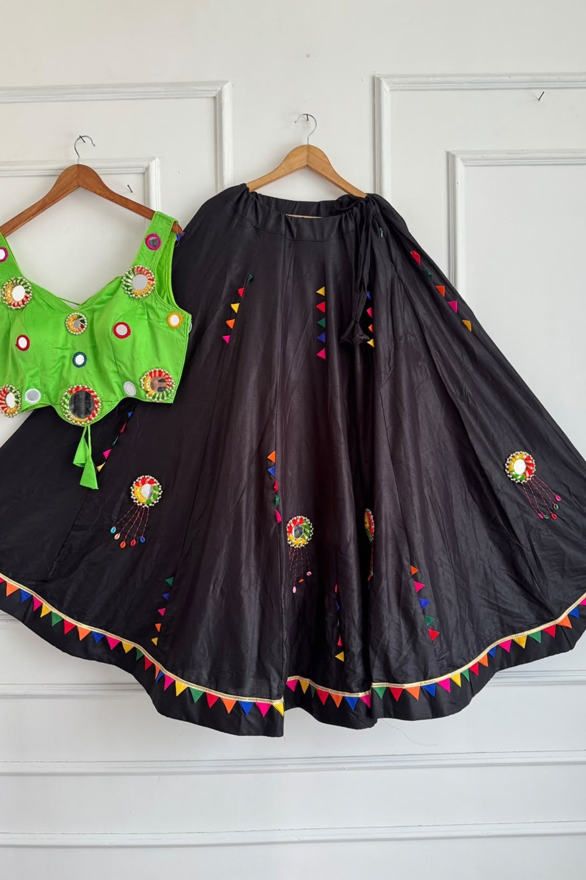 Stylish Black Cotton Multicolor Embroidered Mirror Work Designer Lehenga Choli for Women