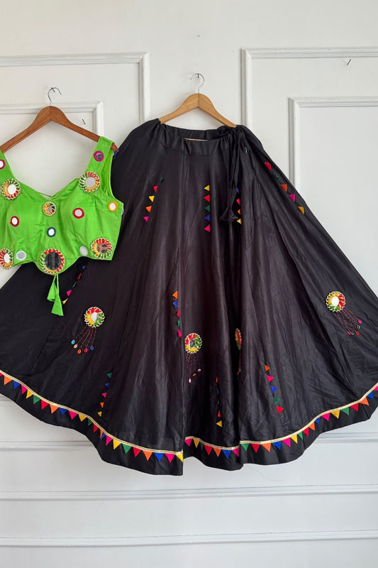 Stylish Black Cotton Multicolor Embroidered Mirror Work Designer Lehenga Choli for Women