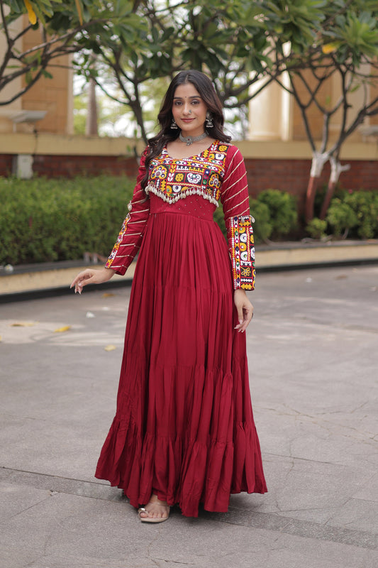 Stunning Maroon Rayon Embroidered Mirror Work Navratri Gown for Women