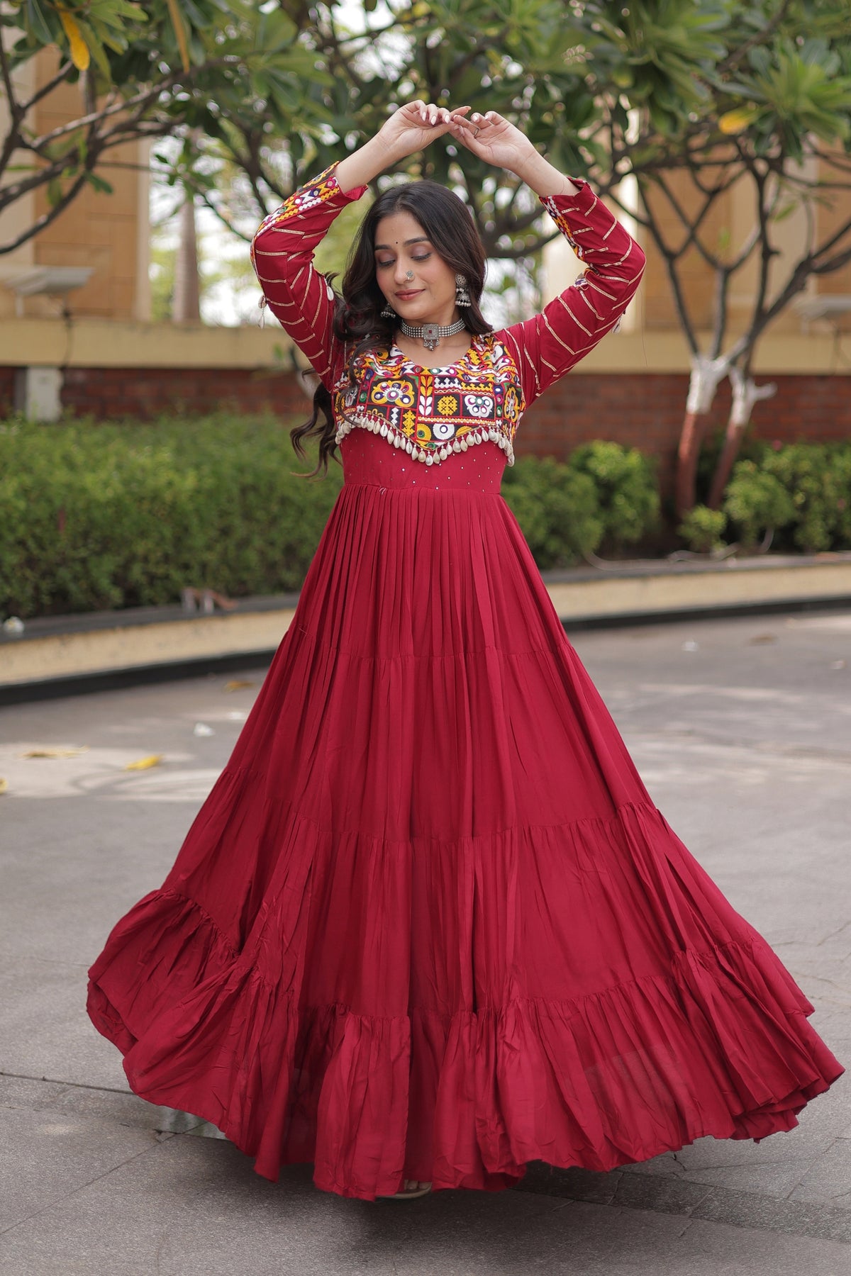 Stunning Maroon Rayon Embroidered Mirror Work Navratri Gown for Women