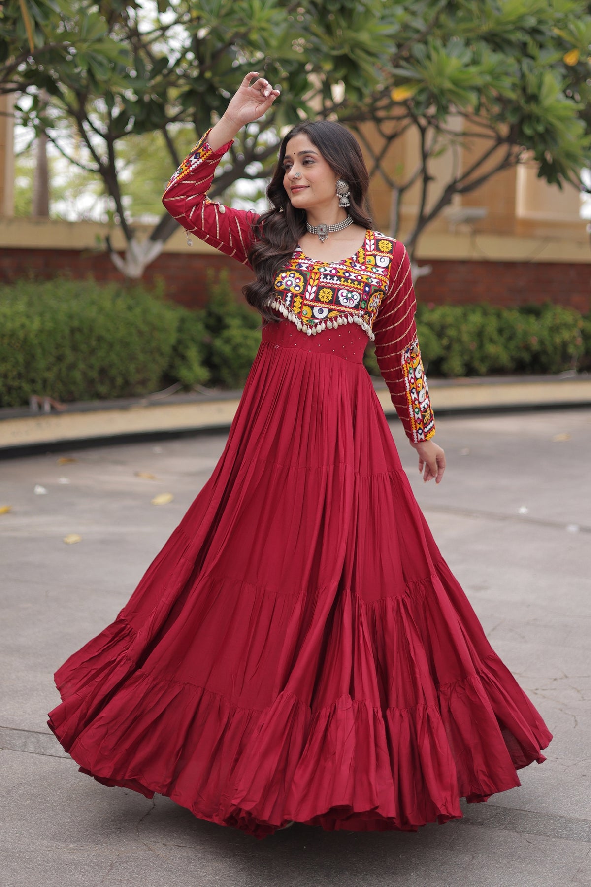 Stunning Maroon Rayon Embroidered Mirror Work Navratri Gown for Women