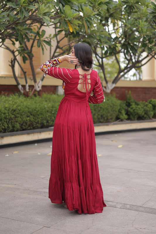 Stunning Maroon Rayon Embroidered Mirror Work Navratri Gown for Women