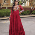 Stunning Maroon Rayon Embroidered Mirror Work Navratri Gown for Women