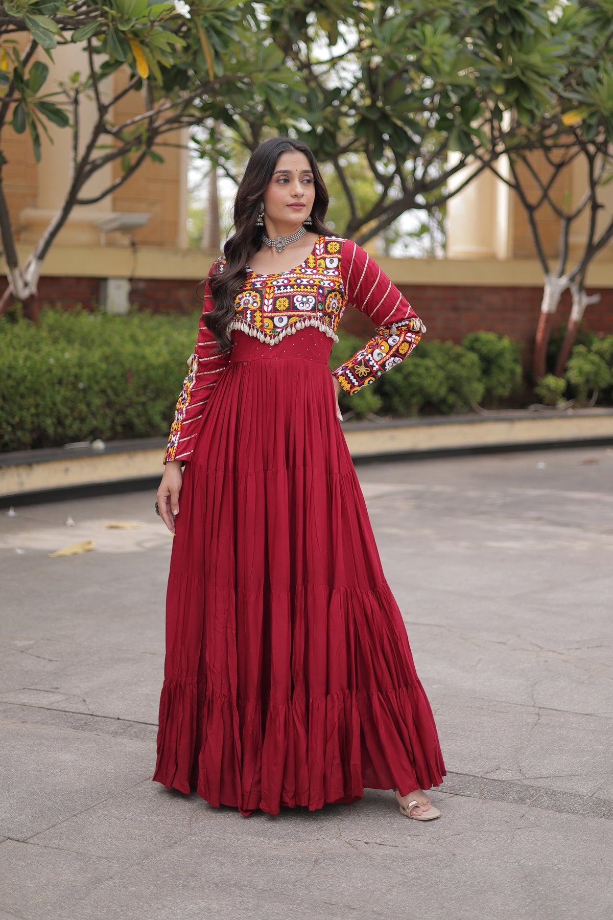 Stunning Maroon Rayon Embroidered Mirror Work Navratri Gown for Women