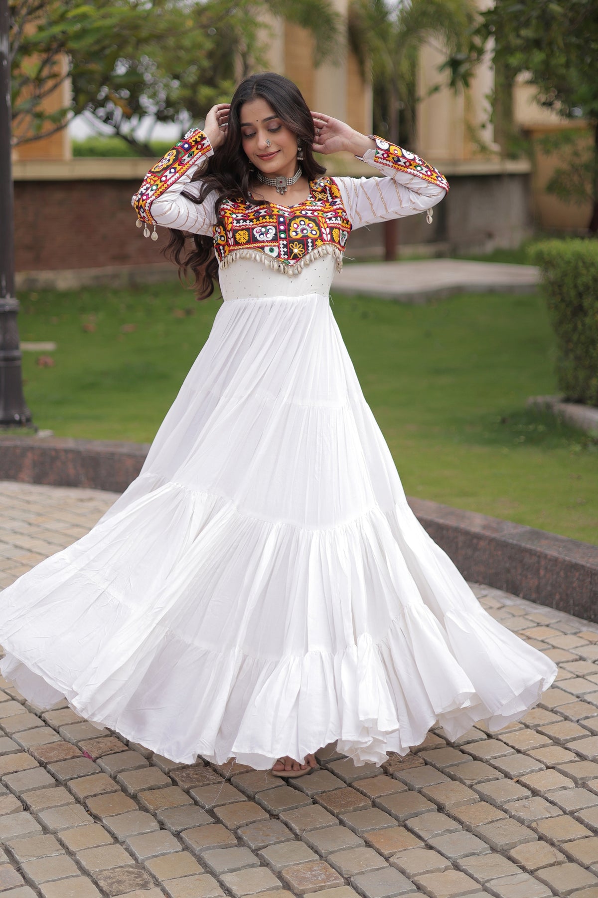 Wonderful White Rayon Embroidered Mirror Work Navratri Gown for Women