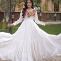 Wonderful White Rayon Embroidered Mirror Work Navratri Gown for Women