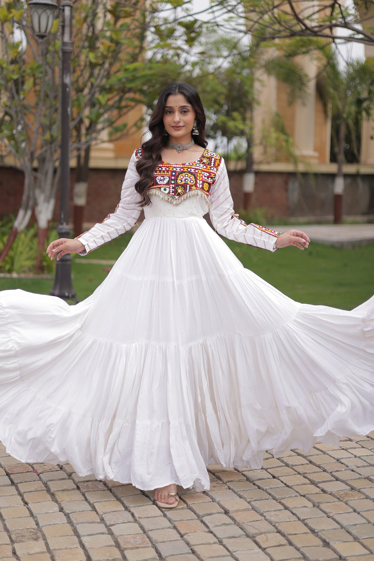 Wonderful White Rayon Embroidered Mirror Work Navratri Gown for Women