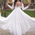 Wonderful White Rayon Embroidered Mirror Work Navratri Gown for Women