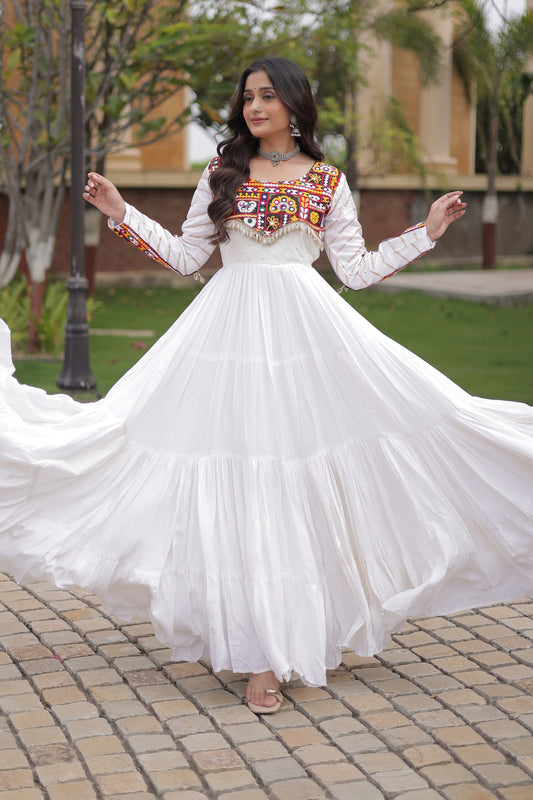 Wonderful White Rayon Embroidered Mirror Work Navratri Gown for Women