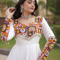 Wonderful White Rayon Embroidered Mirror Work Navratri Gown for Women