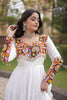 Wonderful White Rayon Embroidered Mirror Work Navratri Gown for Women