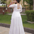 Wonderful White Rayon Embroidered Mirror Work Navratri Gown for Women