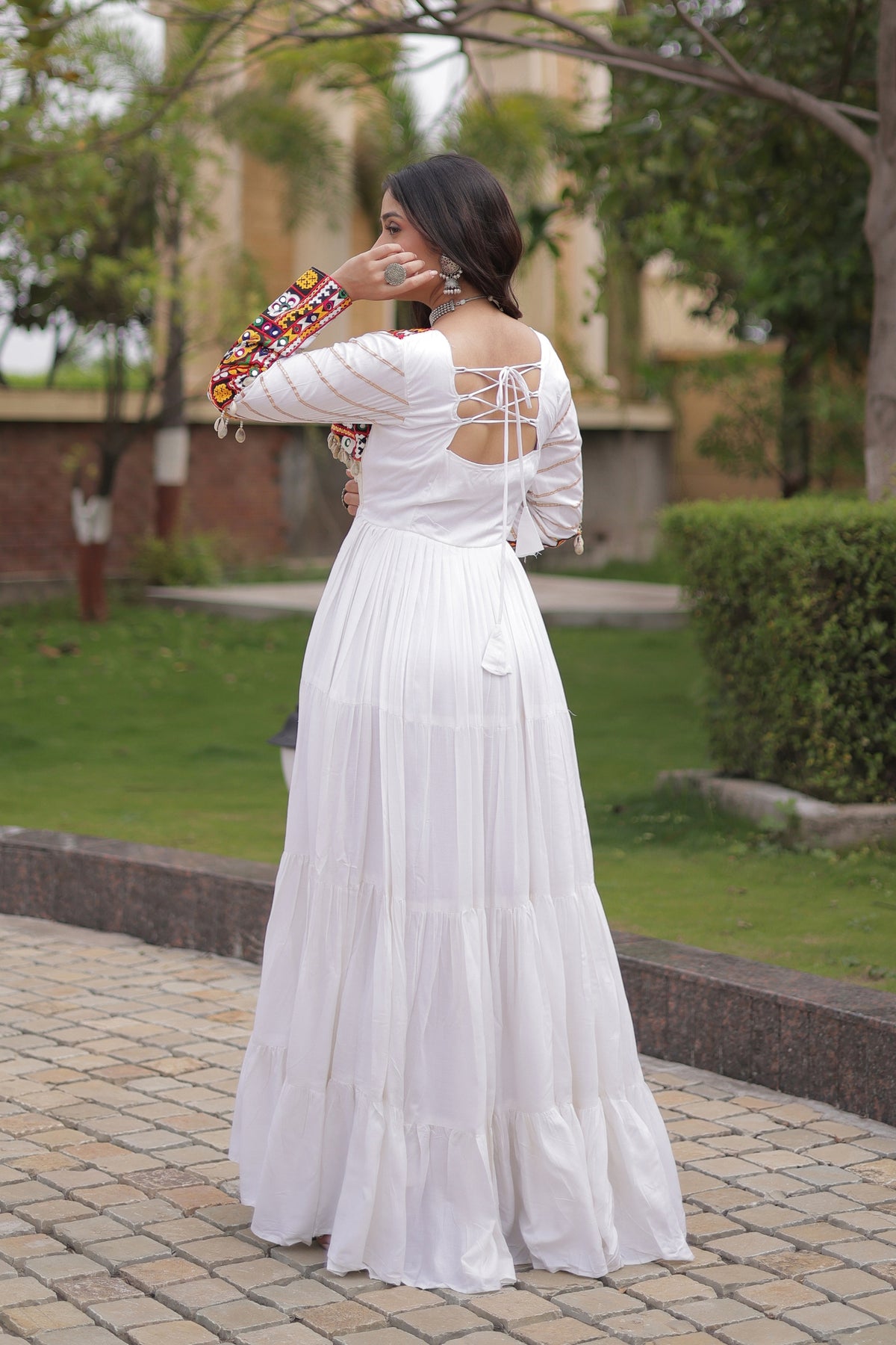 Wonderful White Rayon Embroidered Mirror Work Navratri Gown for Women