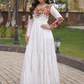 Wonderful White Rayon Embroidered Mirror Work Navratri Gown for Women