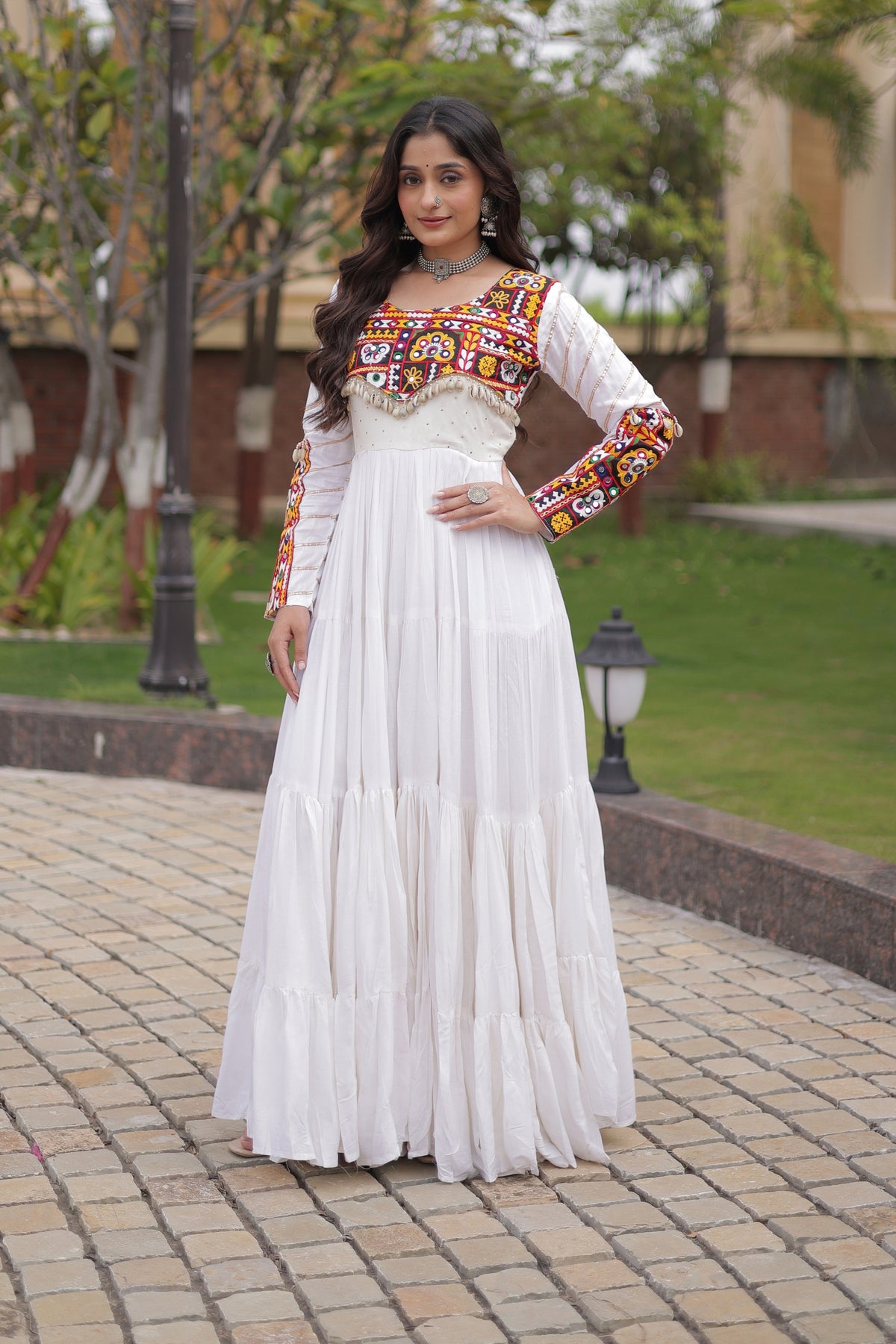 Wonderful White Rayon Embroidered Mirror Work Navratri Gown for Women