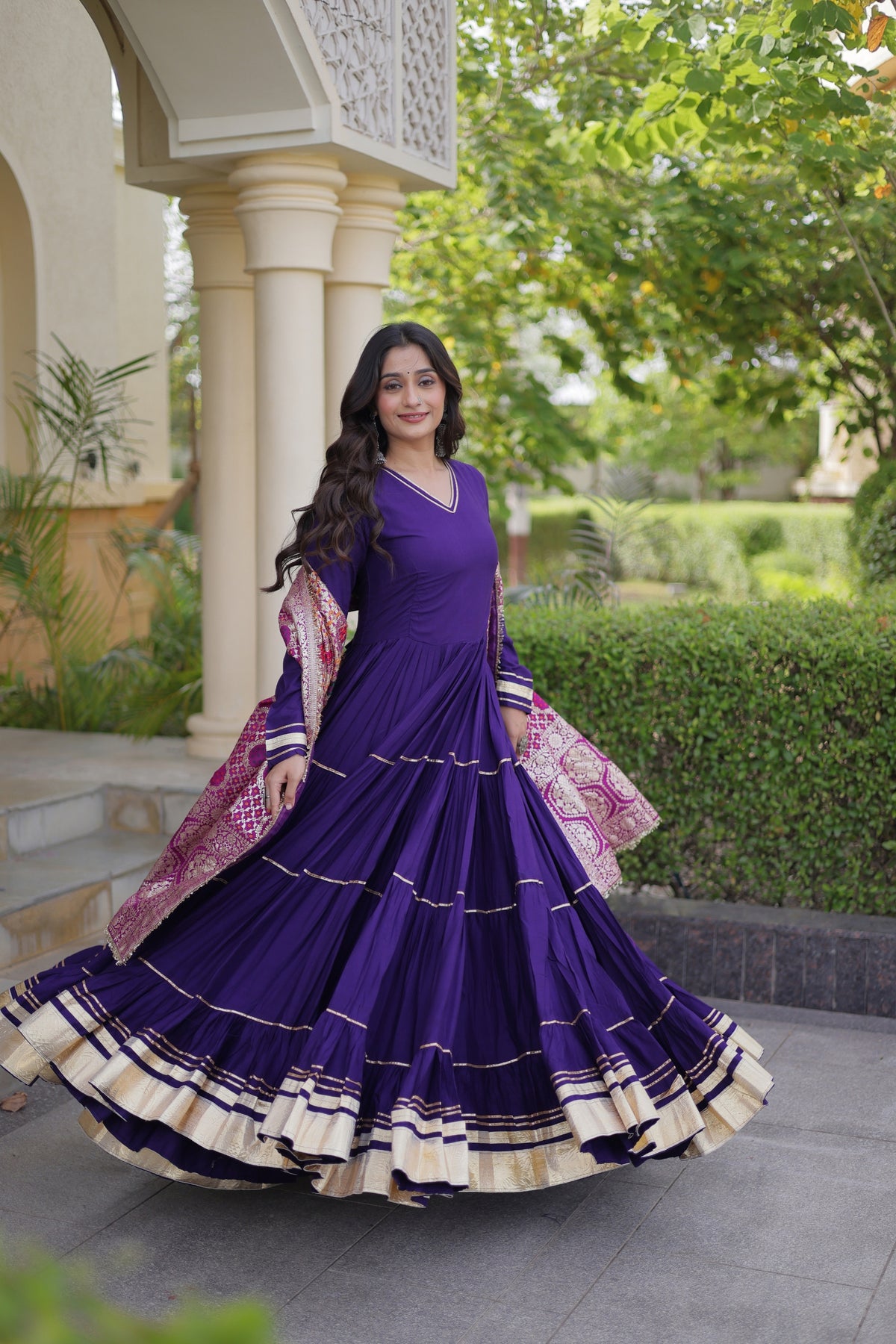 Stunning Purple Rayon Gota Patti Work Designer Gown with Dupatta for Women