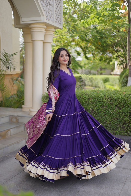 Stunning Purple Rayon Gota Patti Work Designer Gown with Dupatta for Women