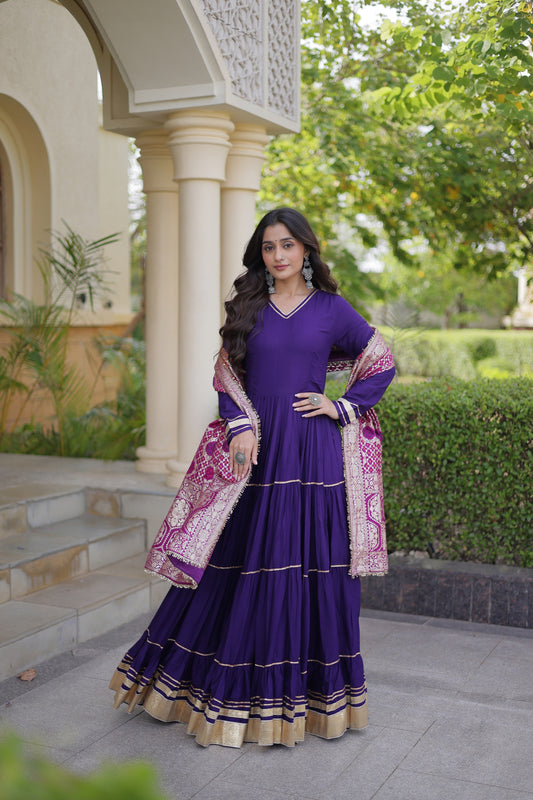 Stunning Purple Rayon Gota Patti Work Designer Gown with Dupatta for Women