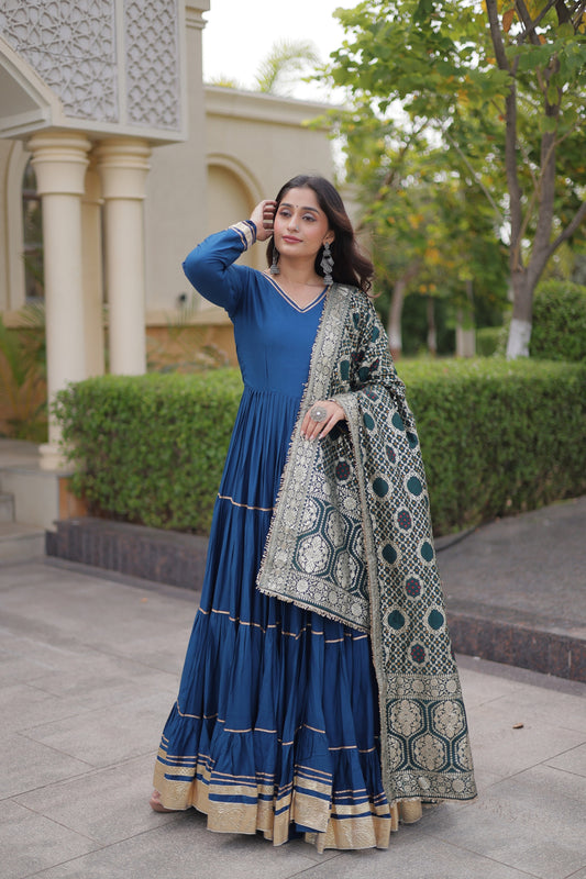 Elegant Royal Blue Rayon Gota Patti Work Designer Gown with Dupatta for Women