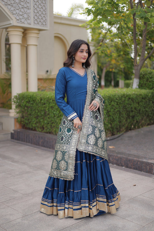 Elegant Royal Blue Rayon Gota Patti Work Designer Gown with Dupatta for Women