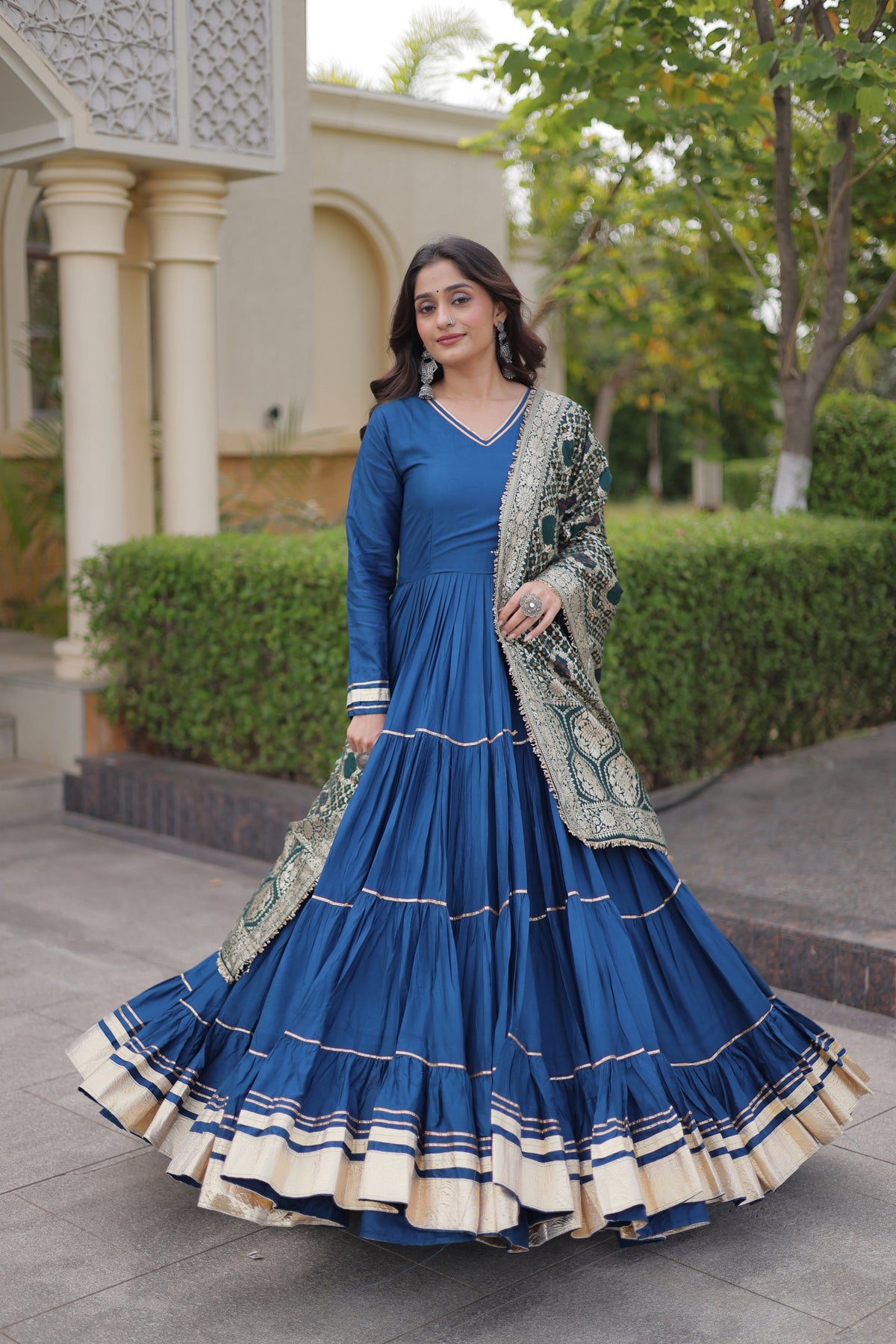 Elegant Royal Blue Rayon Gota Patti Work Designer Gown with Dupatta for Women