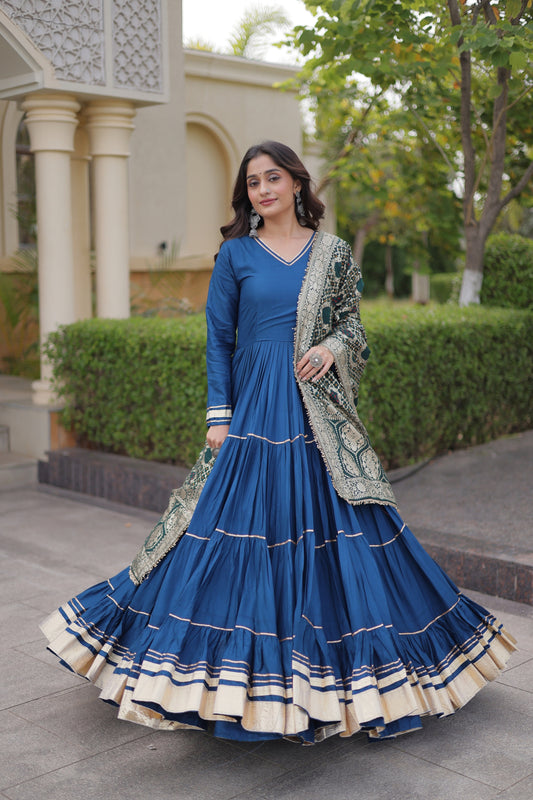 Elegant Royal Blue Rayon Gota Patti Work Designer Gown with Dupatta for Women