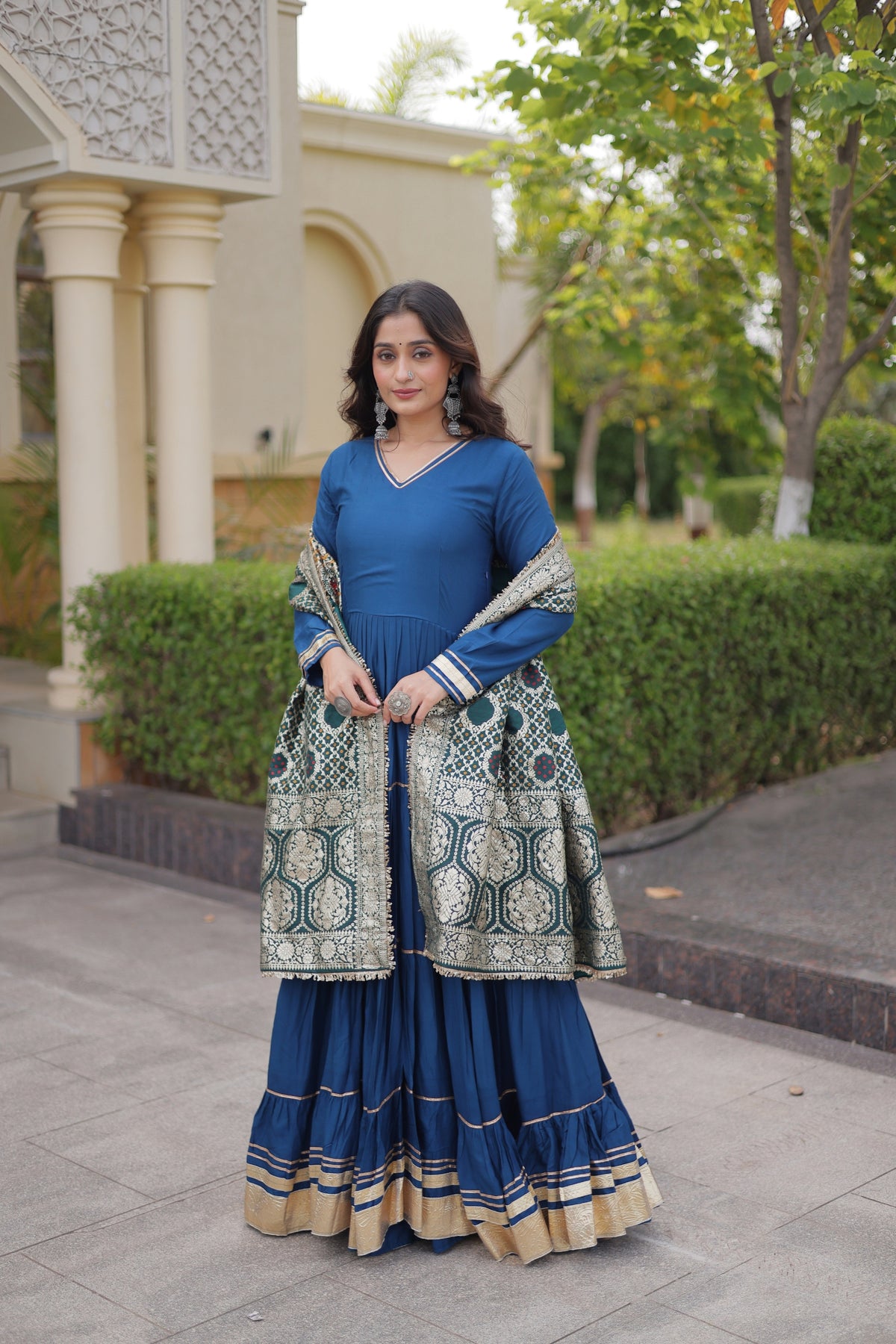 Elegant Royal Blue Rayon Gota Patti Work Designer Gown with Dupatta for Women