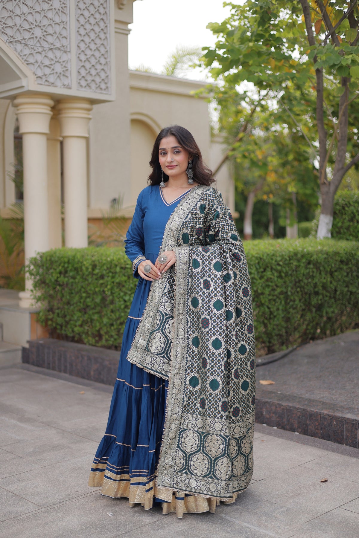 Elegant Royal Blue Rayon Gota Patti Work Designer Gown with Dupatta for Women