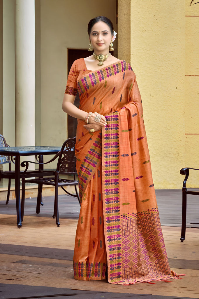 Elegant Orange Assam Silk Weaving Saree for Women