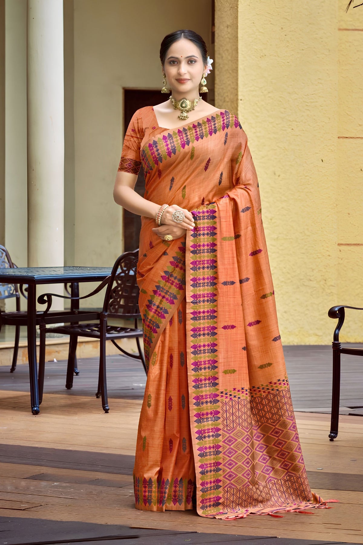 Elegant Orange Assam Silk Weaving Saree for Women
