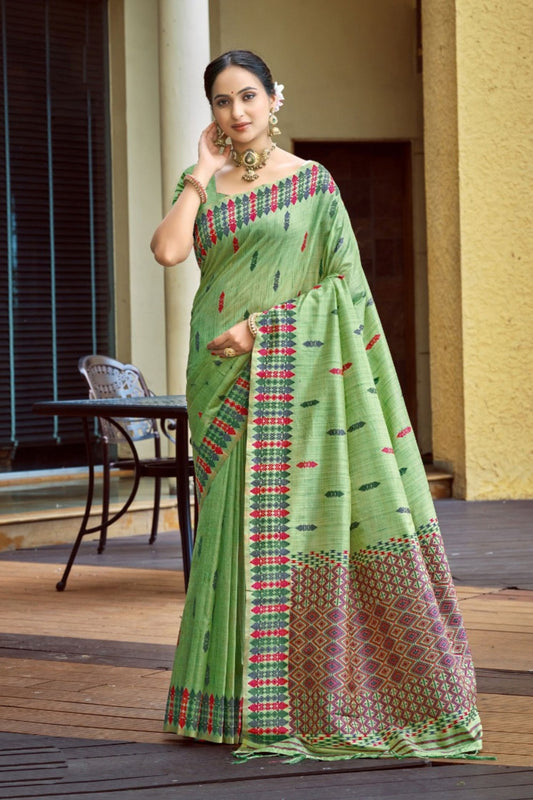 Graceful Pista Green Assam Silk Weaving Saree for Women