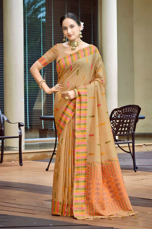 Premiume Beige Assam Silk Weaving Saree for Women