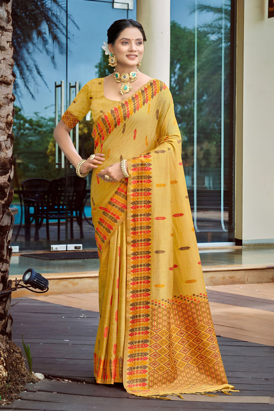 Lovely Mustard Yellow Assam Silk Weaving Saree for Women