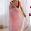 Beautiful Pink Net Saree with Net Lace Work for Women