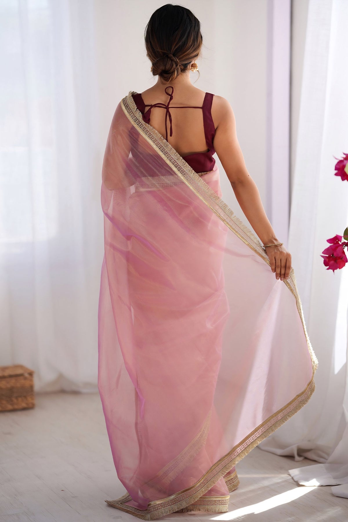Beautiful Pink Net Saree with Net Lace Work for Women