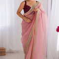 Beautiful Pink Net Saree with Net Lace Work for Women