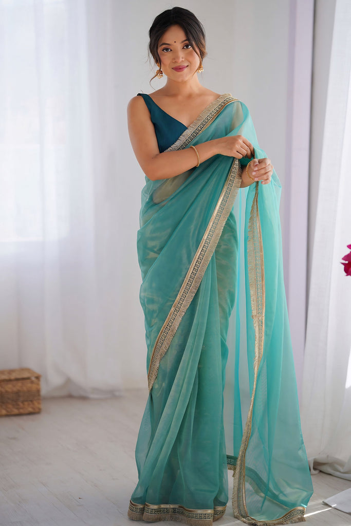 Elegant Teal Green Net Saree with Net Lace Work for Women