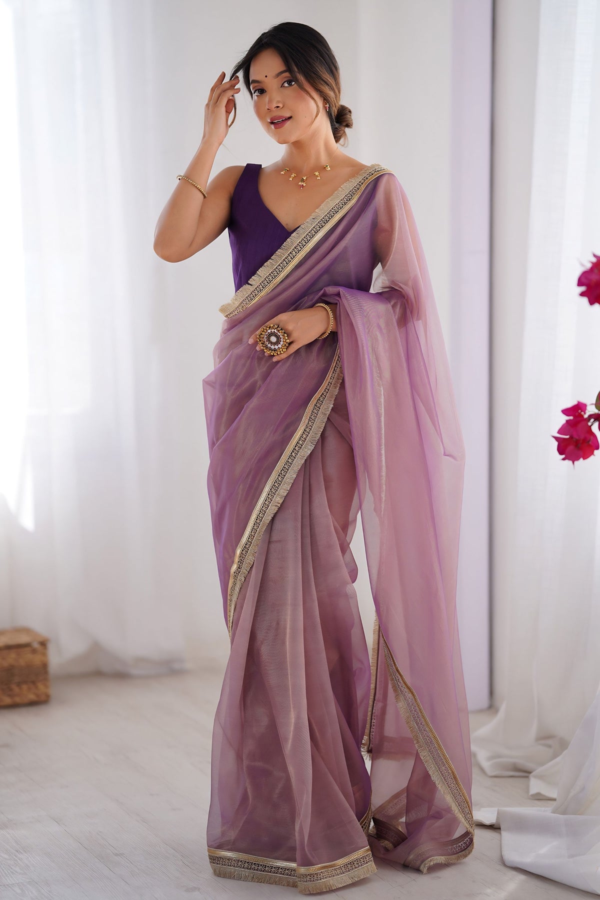 Stylish Lavender Net Saree with Net Lace Work for Women