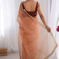 Lovely Peach Net Saree with Lace Work for Women