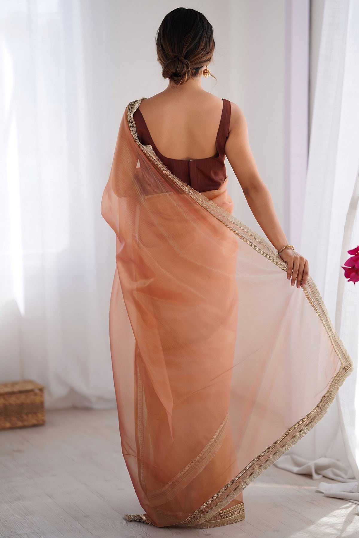 Lovely Peach Net Saree with Lace Work for Women