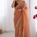 Lovely Peach Net Saree with Lace Work for Women