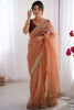 Lovely Peach Net Saree with Lace Work for Women