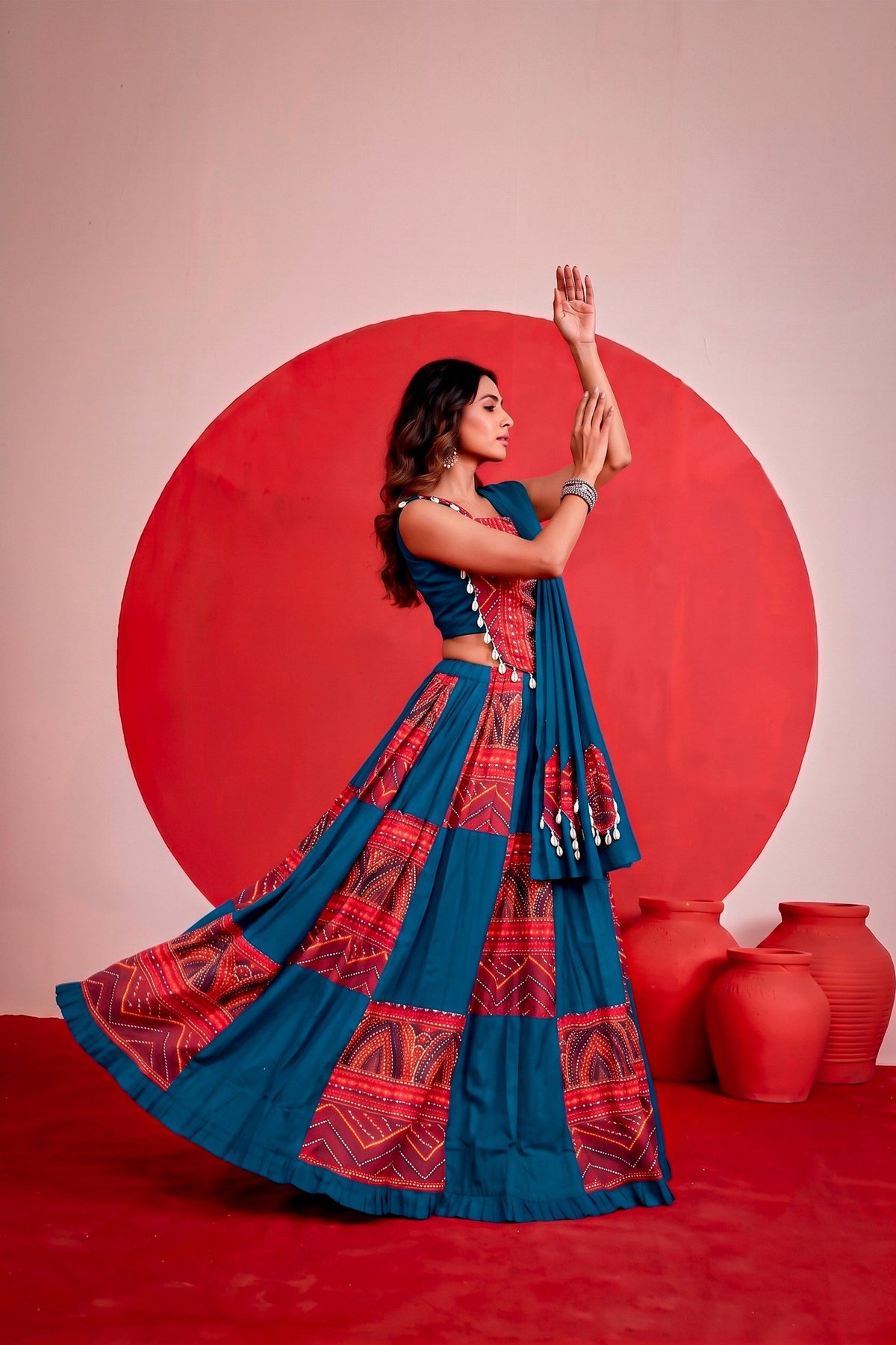 Elegant Teal Blue and Red Rayon Bandhani Print Designer Lehenga Choli with Dupatta for Women