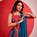 Elegant Teal Blue and Red Rayon Bandhani Print Designer Lehenga Choli with Dupatta for Women