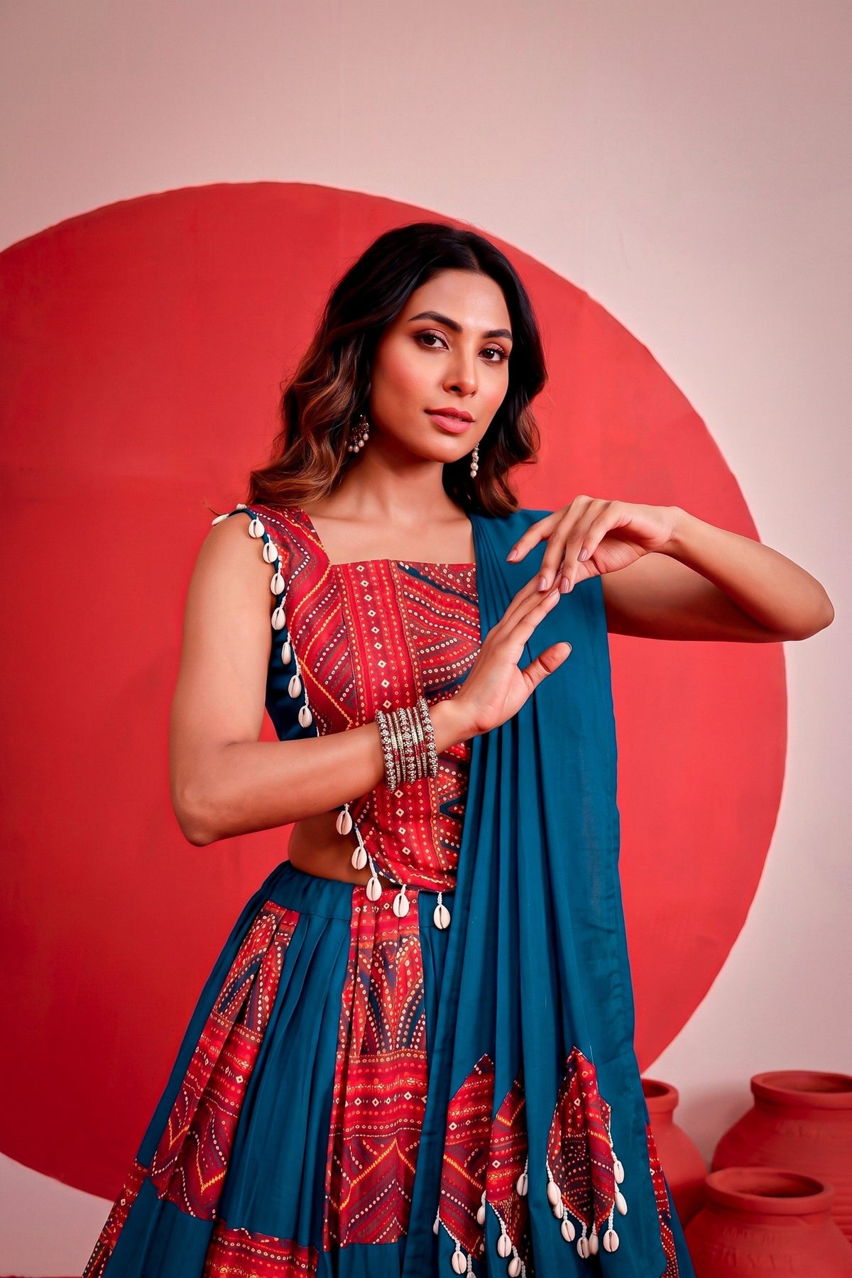 Elegant Teal Blue and Red Rayon Bandhani Print Designer Lehenga Choli with Dupatta for Women
